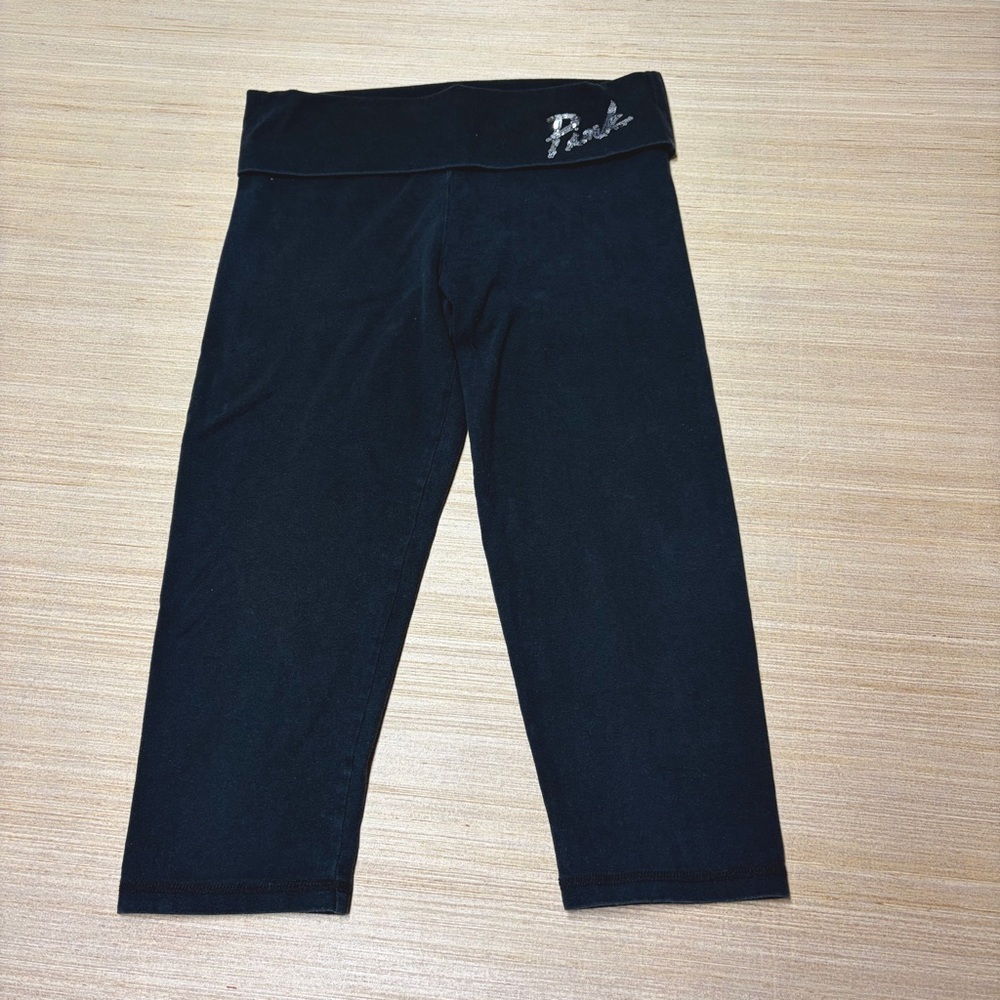 VTG PINK Victoria’s Secret Yoga Pants S Black Foldover Waist Capri Leggings Y2K